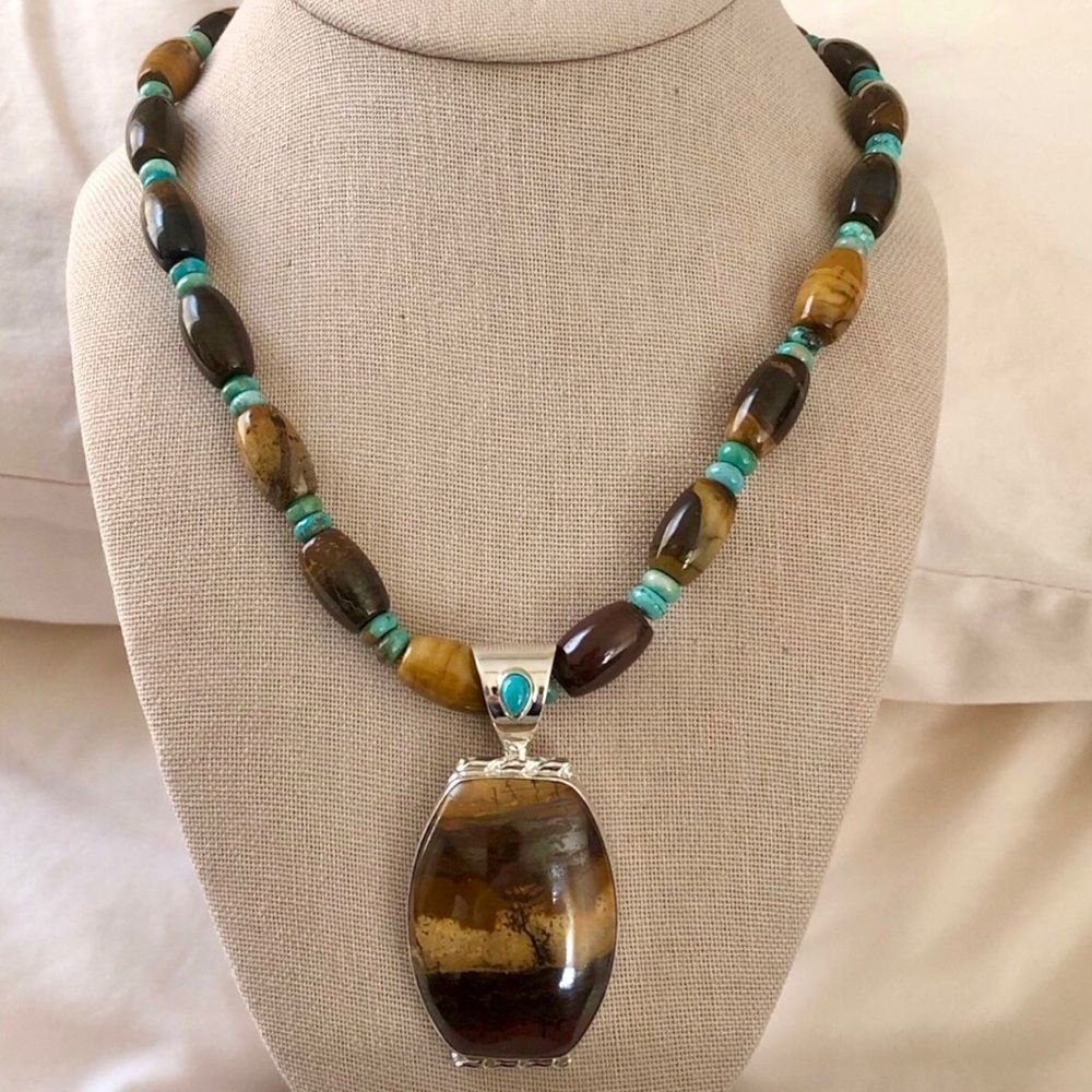 JAY KING DTR Tigers Eye Turquoise and Sterling Silver Necklace MINT RARE